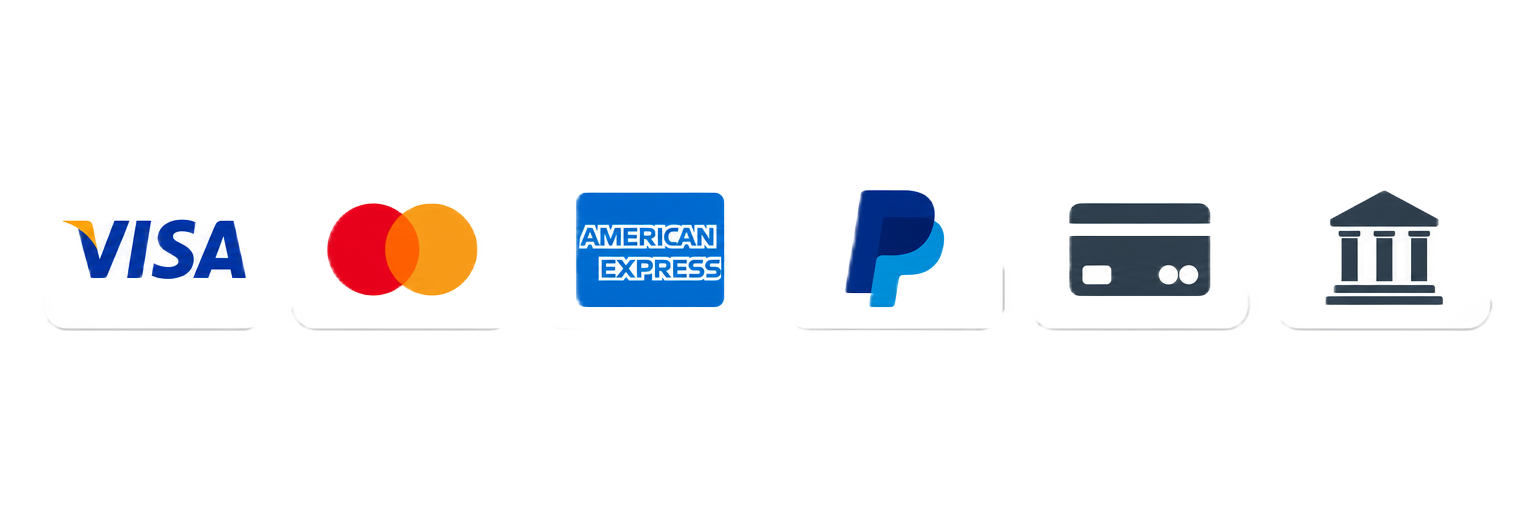 Métodos de pago disponibles: Visa, Mastercard, American Express, PayPal, tarjeta de crédito y transferencia bancaria