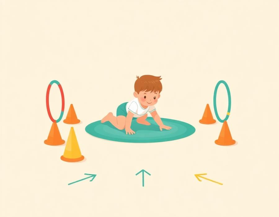 Ilustración de circuito con aros, conos y flechas de dirección