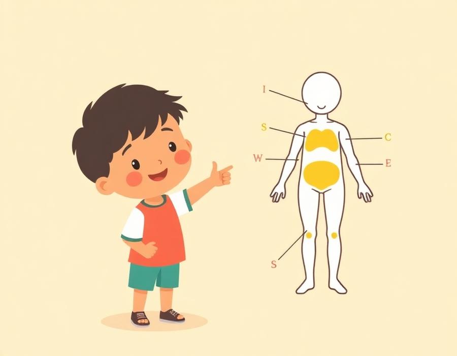 Ilustración de niño señalando partes del cuerpo junto a un esquema corporal